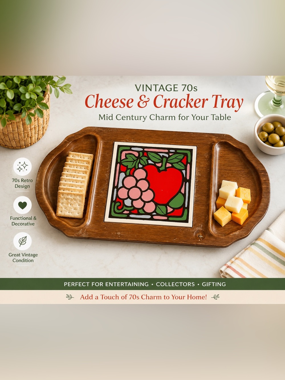 Vintage MCM Teak Wood Cheese Board Serving Tray Fruit Tile Retro 70s
